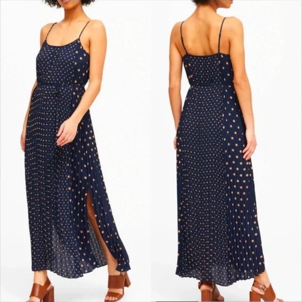 Polka Dot Pleated Maxi Dress, Navy/Beige SIZE 4 Banana Republic